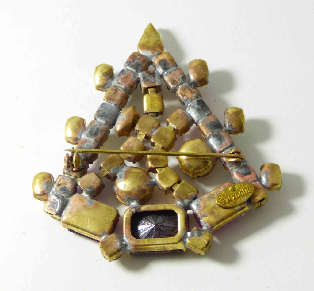 Signed Bijoux MG Rhinestone Christmas Tree Pin, Holiday brooch, X-mas Pin - Vintage Lane Jewelry
