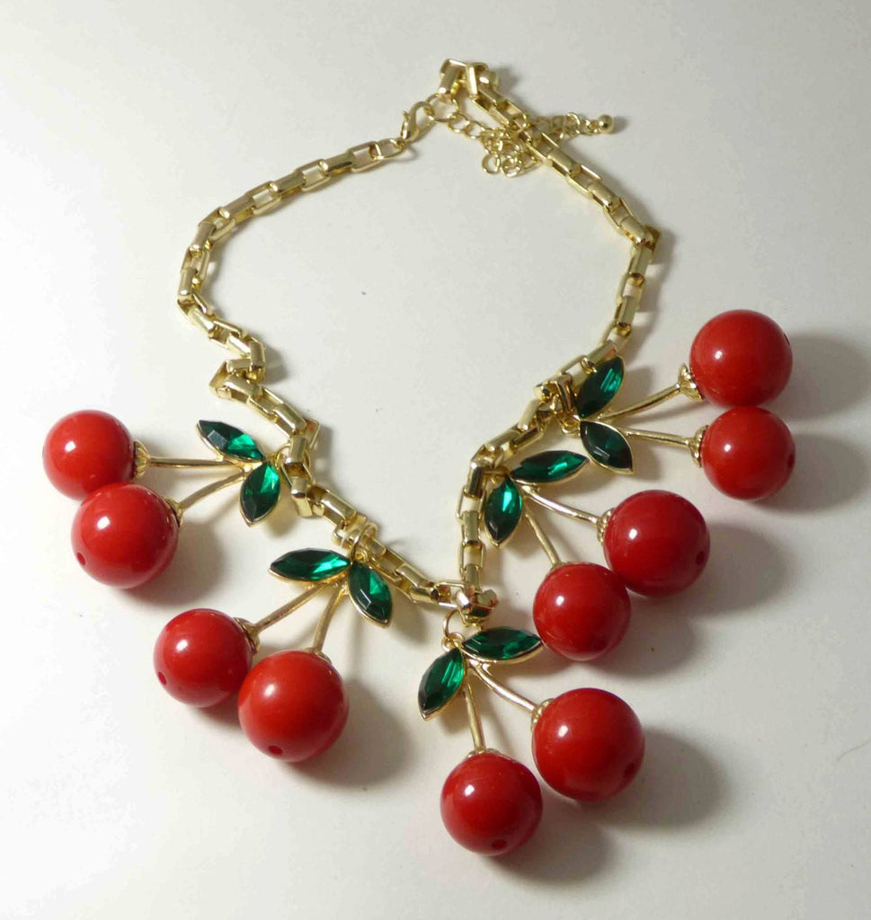 Red Cherries Bib Fringe Necklace, Lucite Cherries and Green Rhinestones