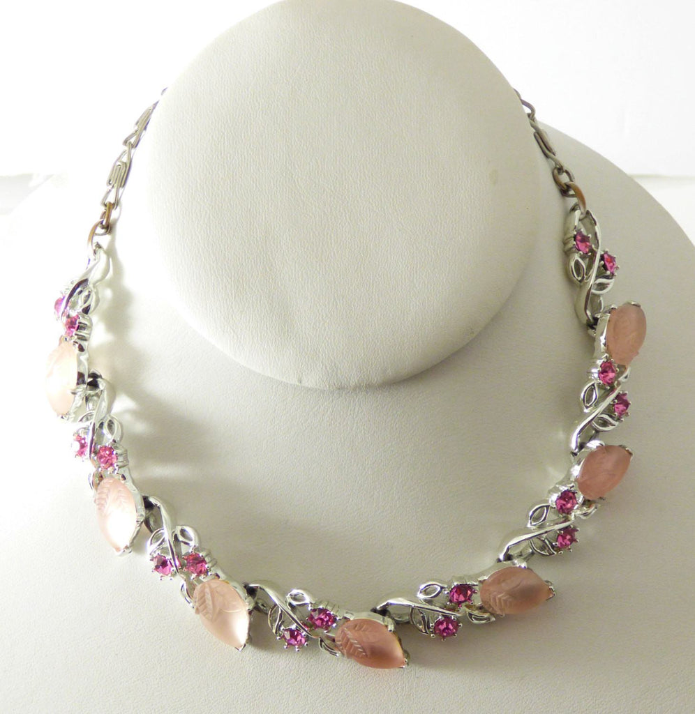 Lisner Book Piece pink pear fruit molded glass with pink rhinestone accents - Vintage Lane Jewelry