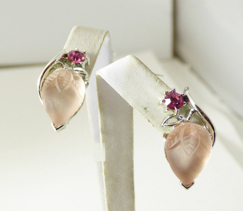 Lisner Book Piece pink pear fruit molded glass with pink rhinestone accents - Vintage Lane Jewelry