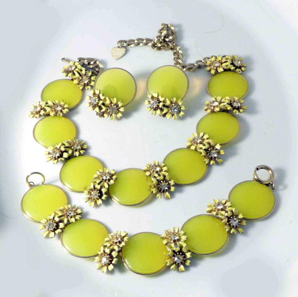 Yellow Bead Enamel and Rhinestone Flowers Necklace Bracelet Earring Set