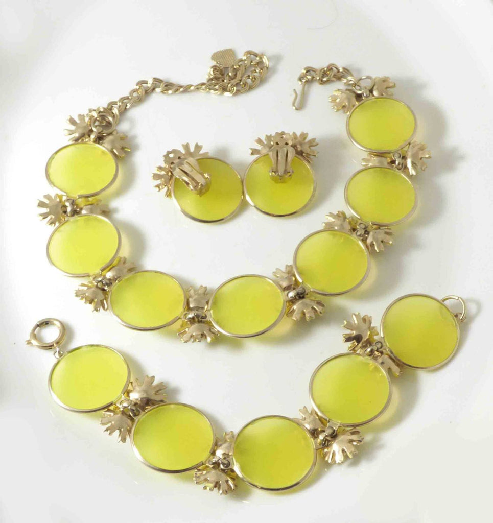 Yellow Bead Enamel and Rhinestone Flowers Necklace Bracelet Earring Set - Vintage Lane Jewelry