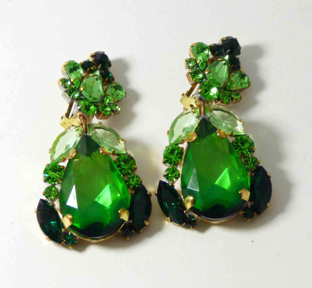 Green Czech Glass Dangling Melon Green Rhinestone Clip Earrings