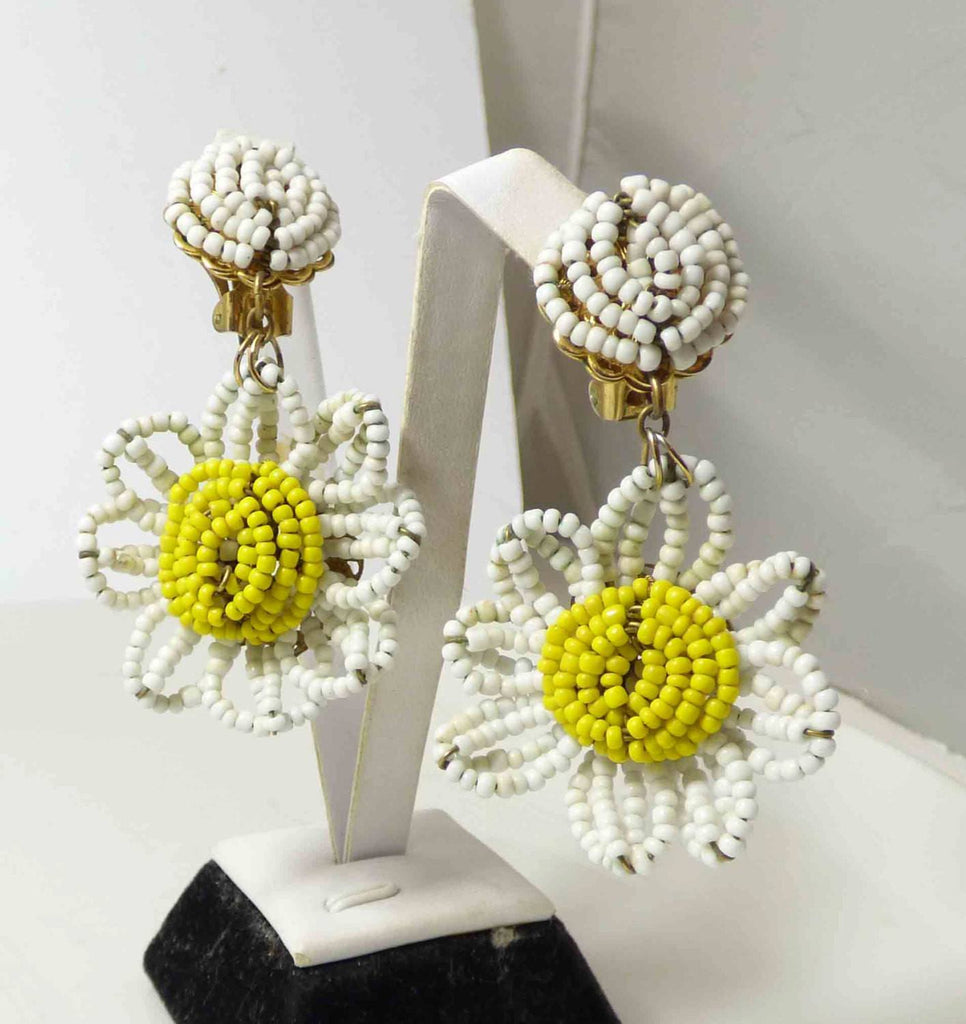 Miriam Haskell signed White Glass Seed Beads –Dangle Daisy Earrings