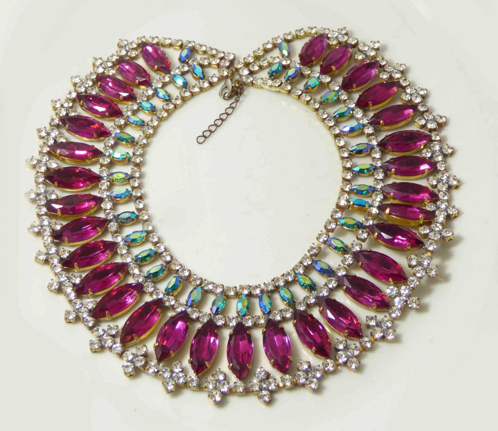 Fuchsia and AB Watermelon Stones Czech Rhinestone Bib Necklace