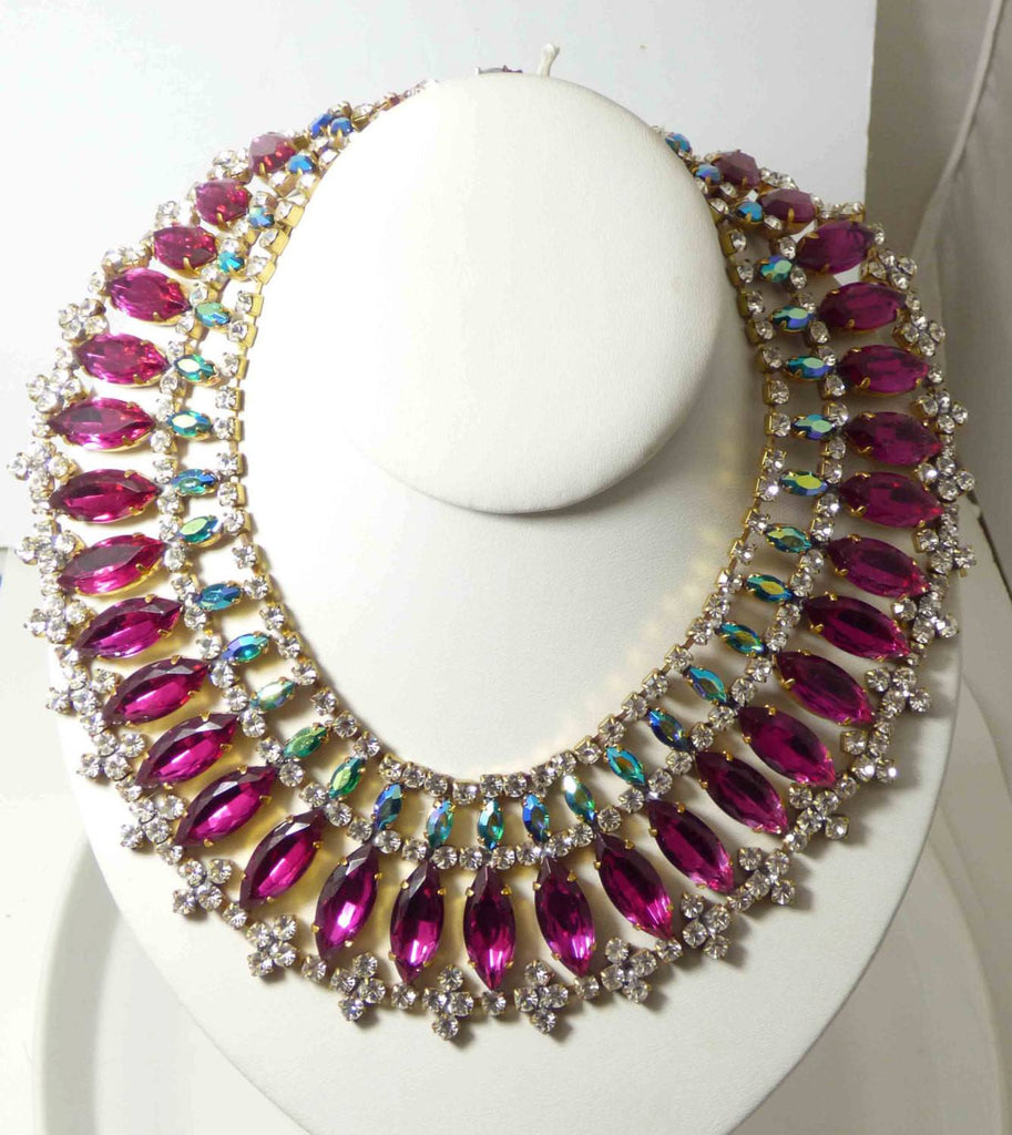 Fuchsia and AB Watermelon Stones Czech Rhinestone Bib Necklace - Vintage Lane Jewelry
