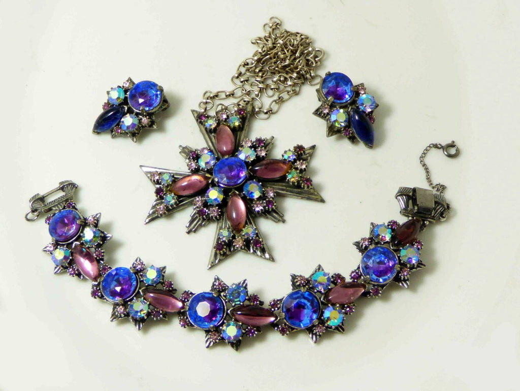 Florenza Maltese Cross Pendant, Bracelet and Clip Earrings, Book Piece