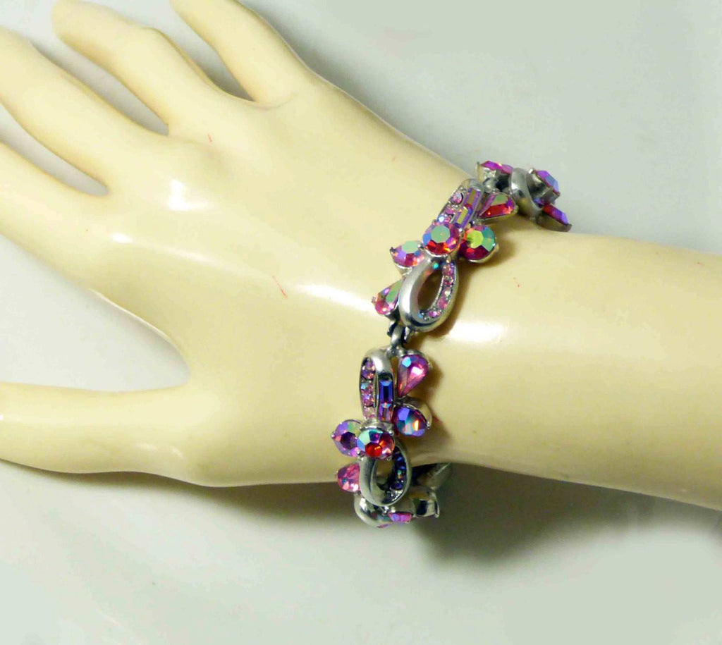 Vintage Hollycraft 1957 Pink and Pink AB Bracelet, Brooch and Clip Earrings Set - Vintage Lane Jewelry