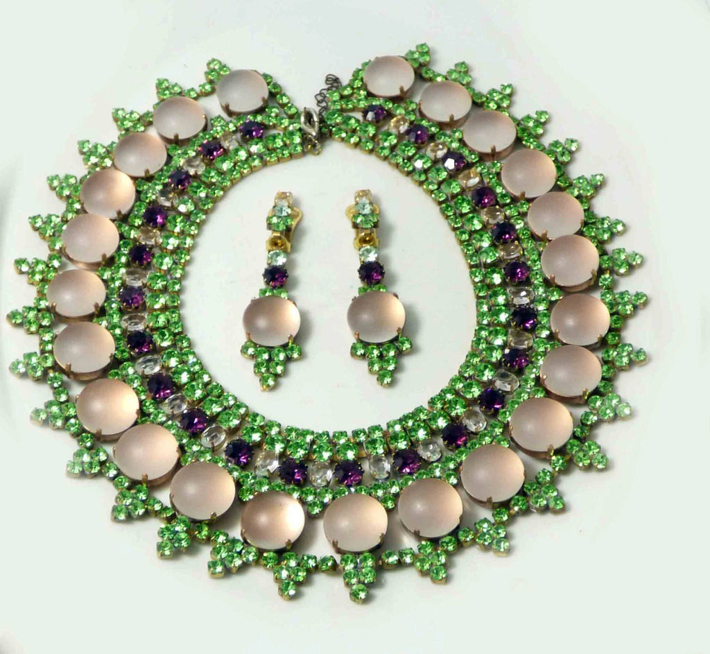 Czech Glass Peach Cabochon Purple and Green Rhinestone Bib Necklace with Clip Earrings