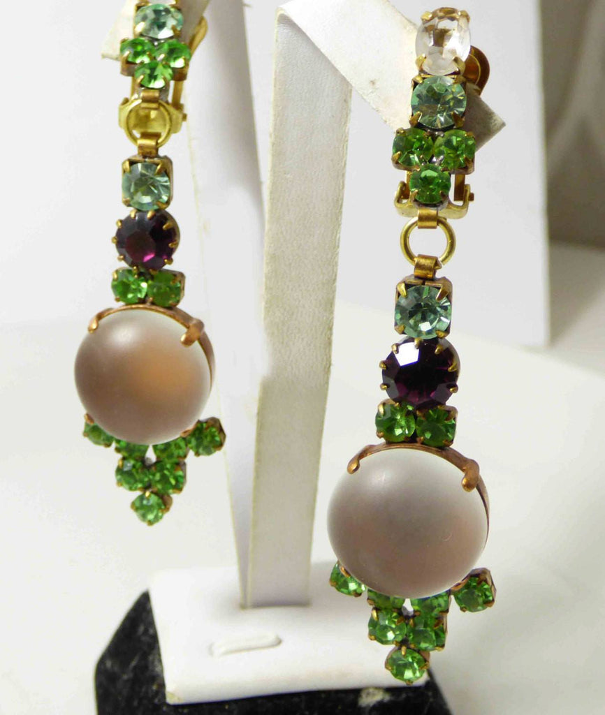 Czech Glass Peach Cabochon Purple and Green Rhinestone Bib Necklace with Clip Earrings - Vintage Lane Jewelry