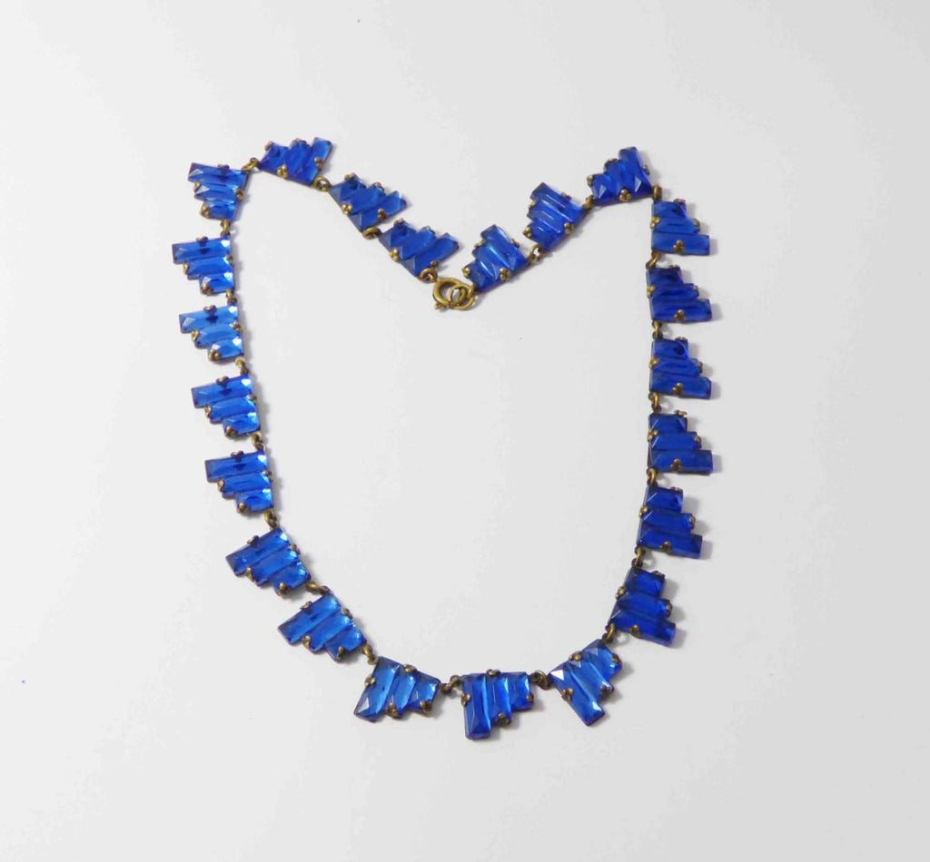 Art Deco Czech Blue Vauxhall Mirror Glass Step Necklace - Vintage Lane Jewelry