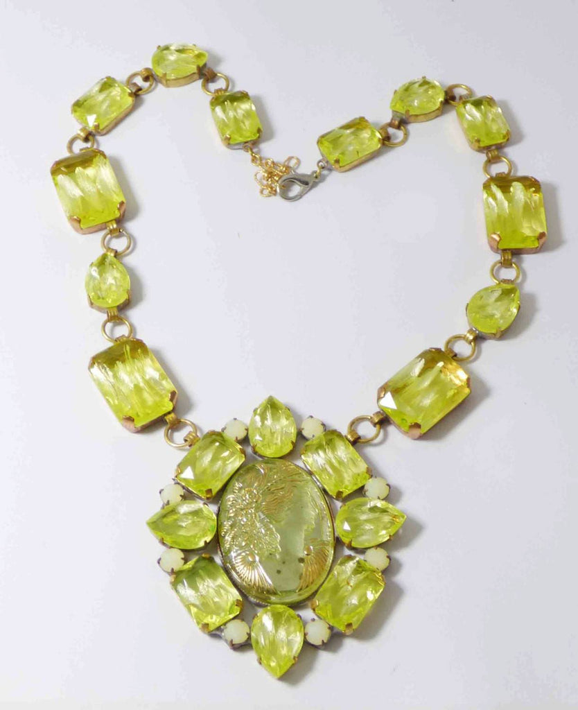 Czech Cameo Vaseline Uranium Statement Necklace