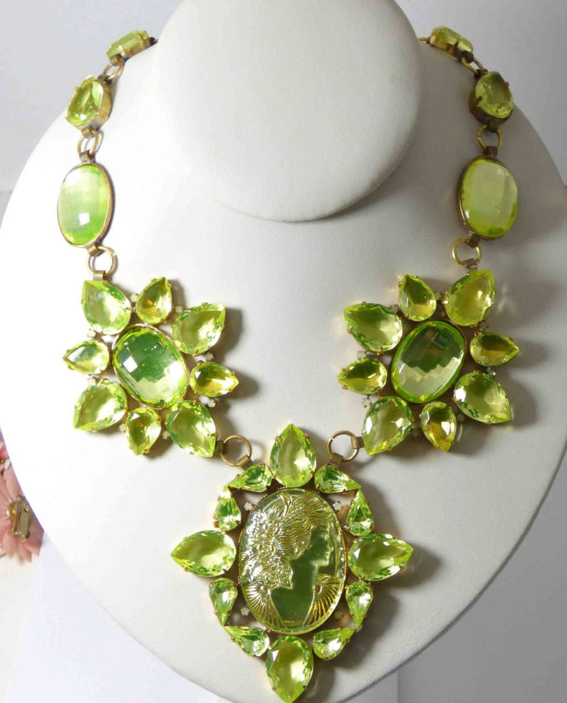 Czech Cameo Vaseline Uranium Statement Necklace, Husar D - Vintage Lane Jewelry