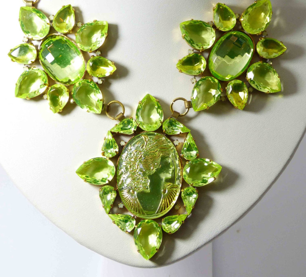 Czech Cameo Vaseline Uranium Statement Necklace, Husar D - Vintage Lane Jewelry