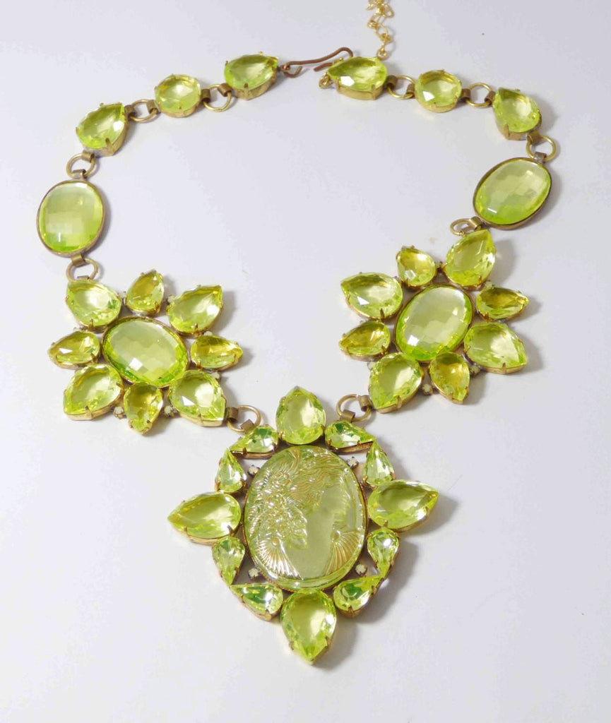 Czech Cameo Vaseline Uranium Statement Necklace, Husar D