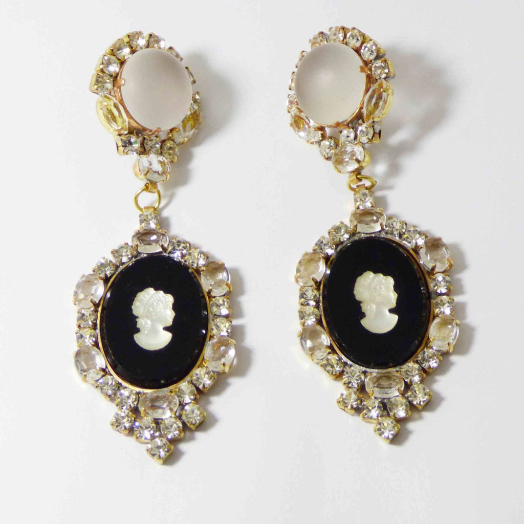 Cameo Czech Glass Black and Clear Rhinestone Dangling Clip Earrings