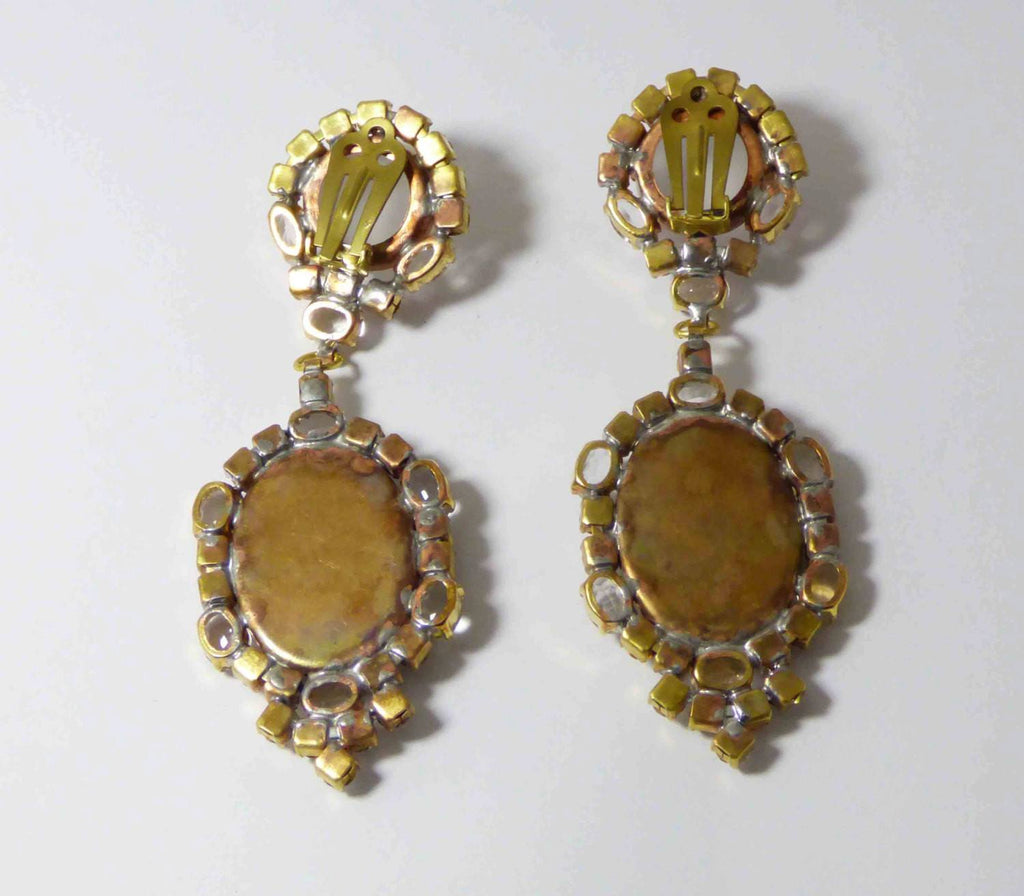 Cameo Czech Glass Black and Clear Rhinestone Dangling Clip Earrings - Vintage Lane Jewelry