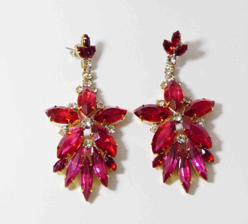 Red and Fuchsia Czech Glass Dangling Flower Pierced Earrings