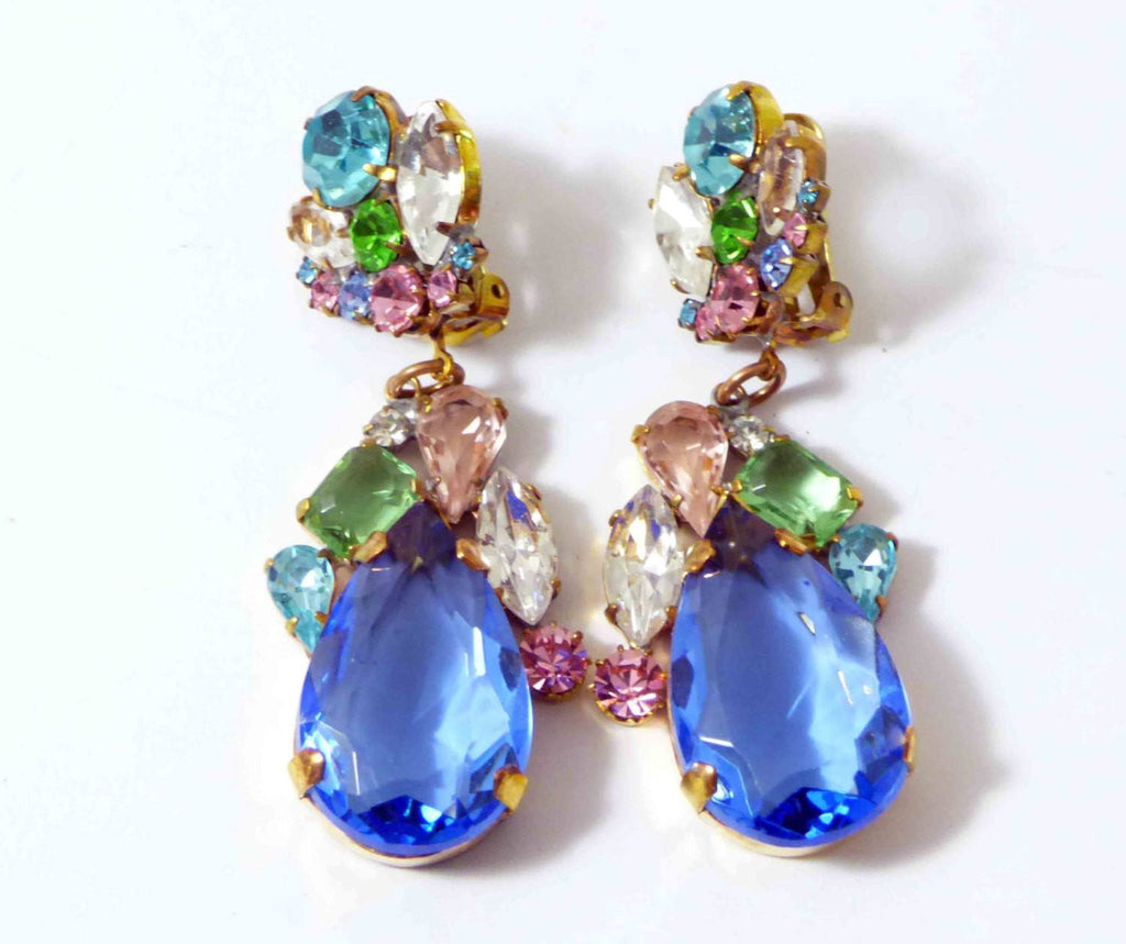 Czech Glass Blue Pastel Dangle Clip Earrings, Rhinestone, open-back