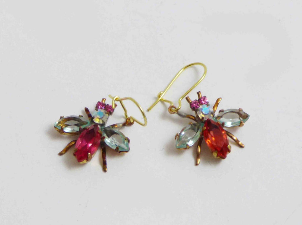 Cute Czech Glass Rhinestone Fly Earrings, pink and clear