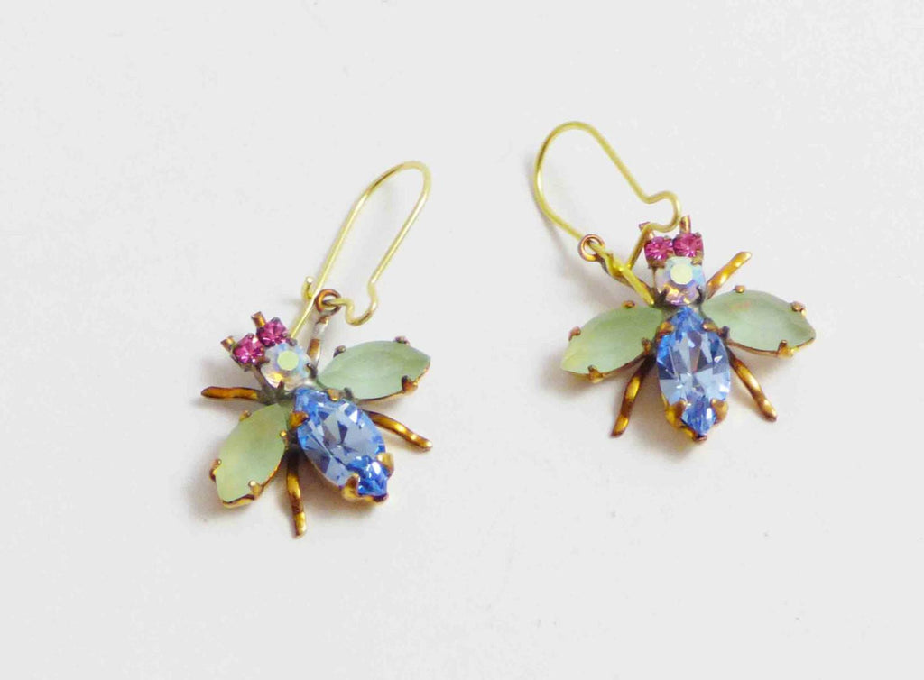 Czech Glass Rhinestone Fly Earrings, lavender and opaque green.