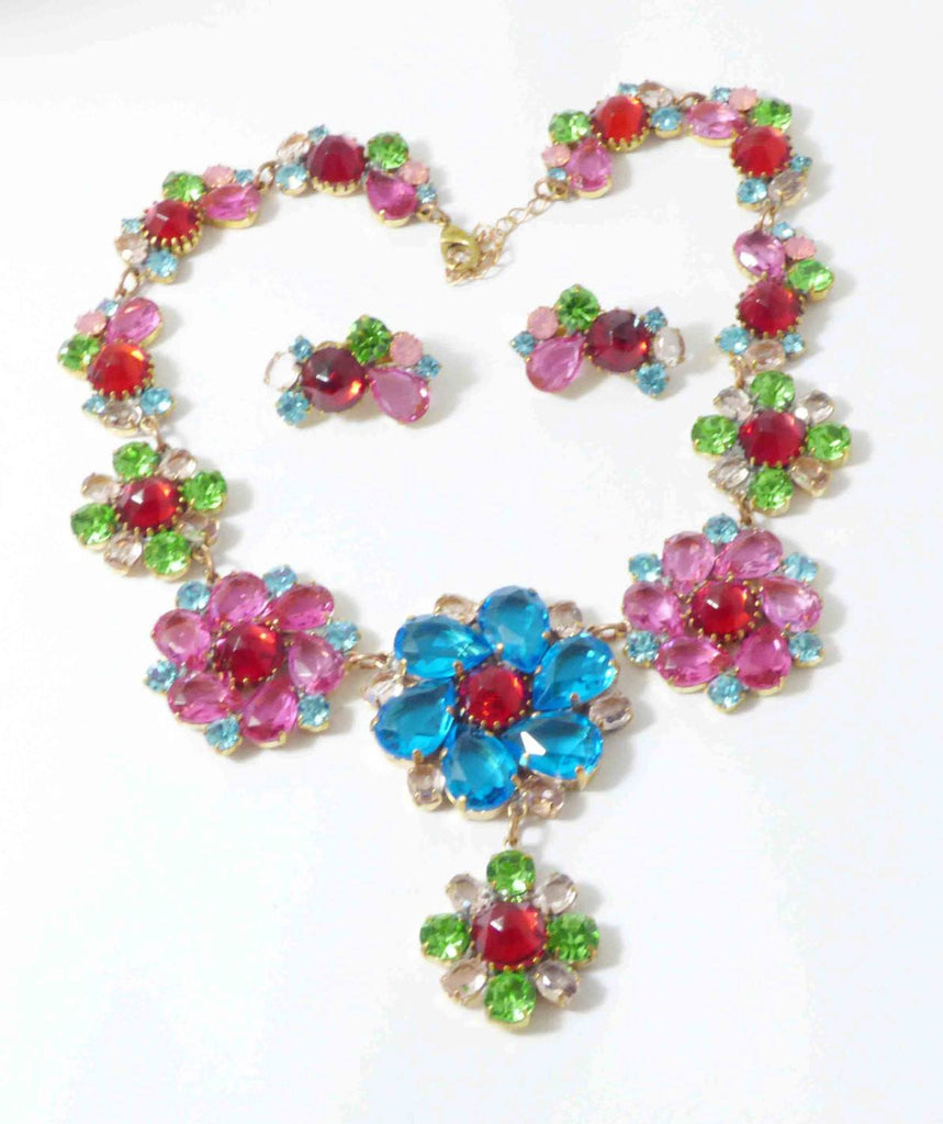 Czech Glass Flower Rhinestone Necklace Clip Earring Set