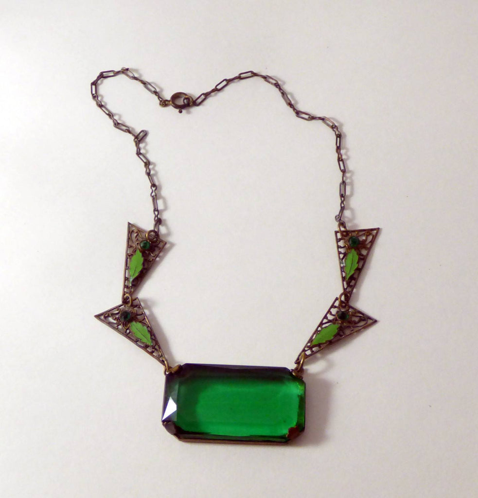 Vintage Art Deco Enameled Filigree and Large Emerald Green Glass Necklace
