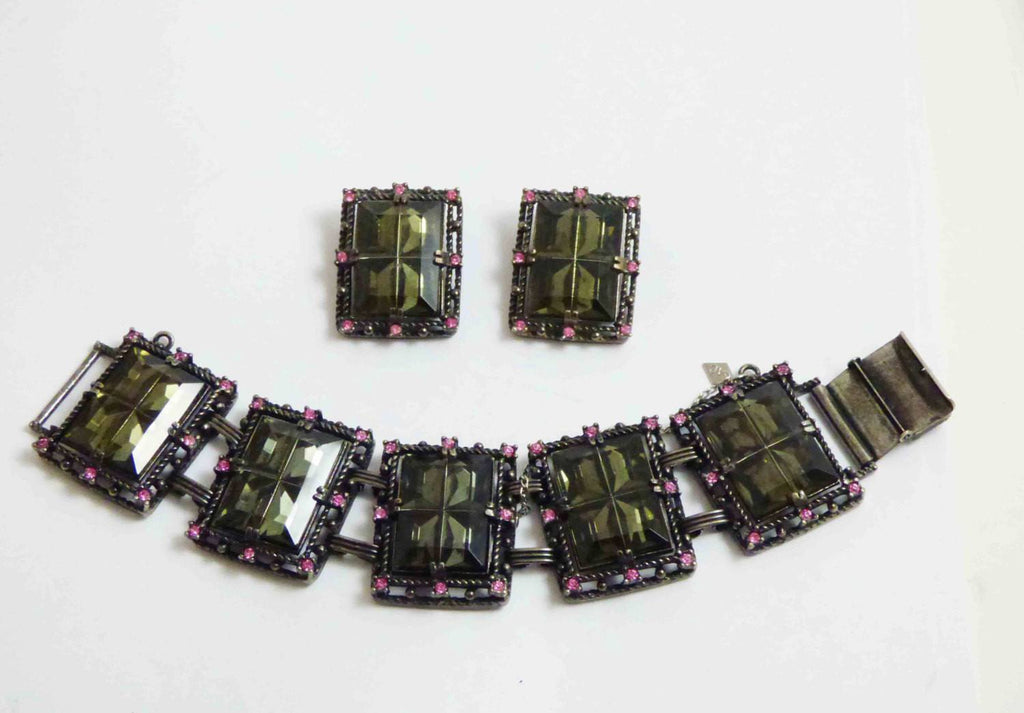 Sarah Coventry Midnight Magic Art Glass Panel Bracelet and Clip Earrings