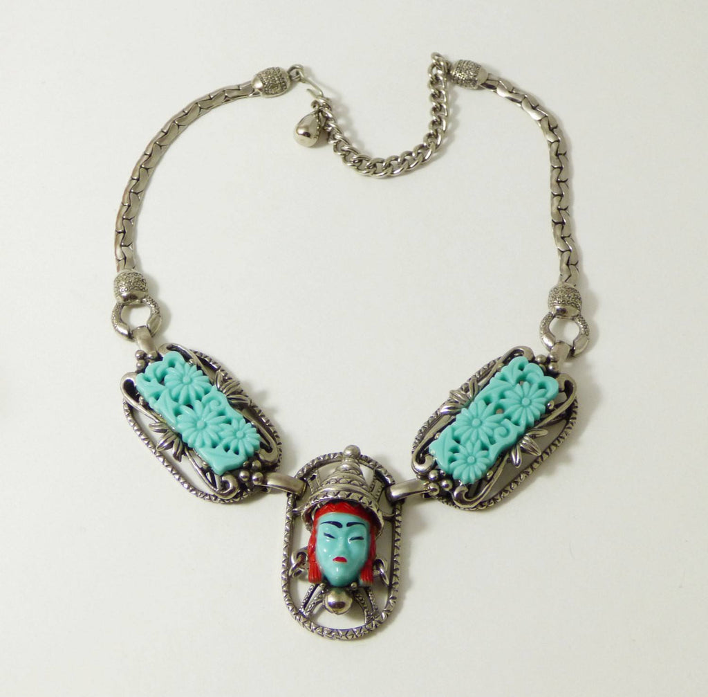 Vintage Selro Selini Asian Princess/Thai Girl Molded Green Glass Necklace