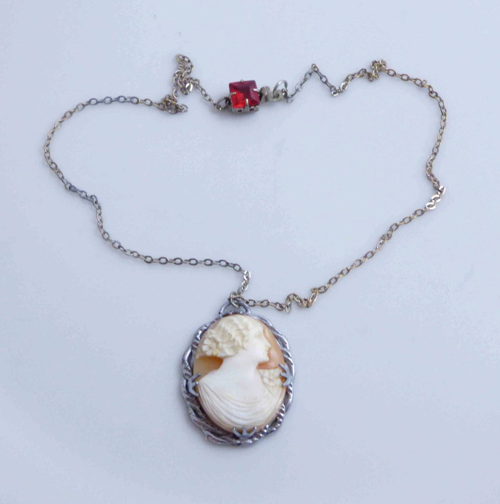 Vintage Art Deco Carved Shell Cameo Sterling Silver Red Rhinestone Clasp Necklace