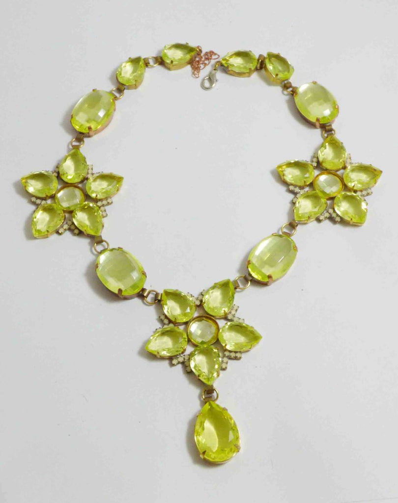 Czech Vaseline Uranium Flower Statement Necklace