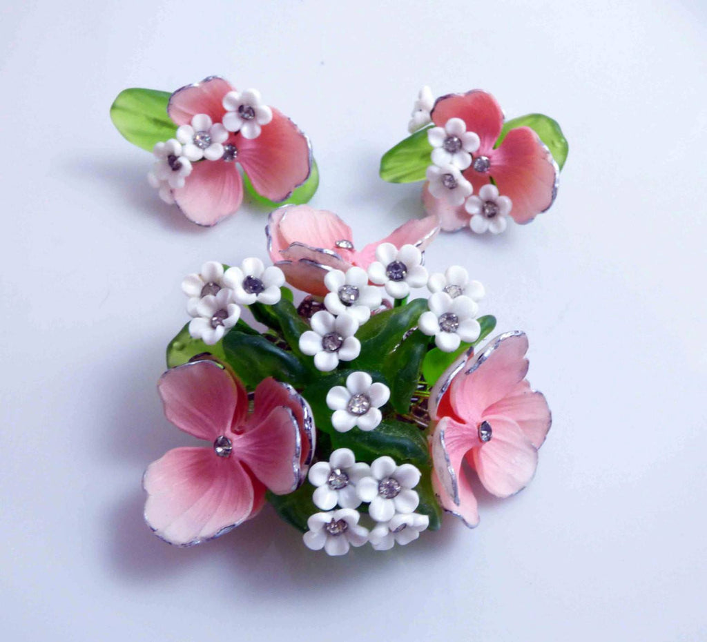 Vintage Vendome Soft Plastic Pink Flower and Glass Leaves Demi Parure