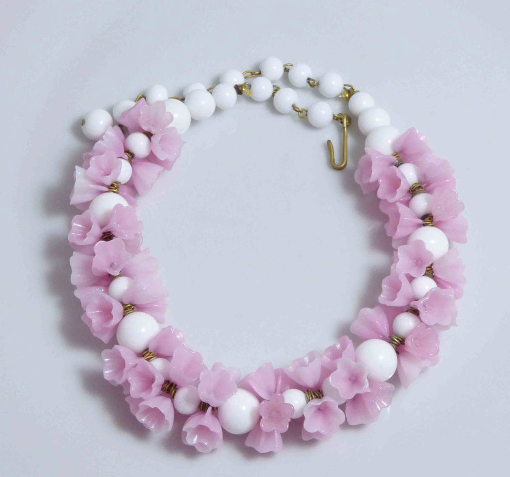 Miriam Haskell Pink and White Poured Glass Flower Bead Necklace