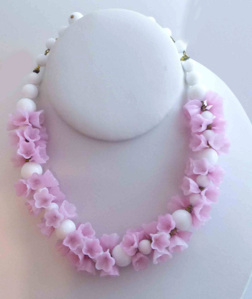 Miriam Haskell Pink and White Poured Glass Flower Bead Necklace - Vintage Lane Jewelry