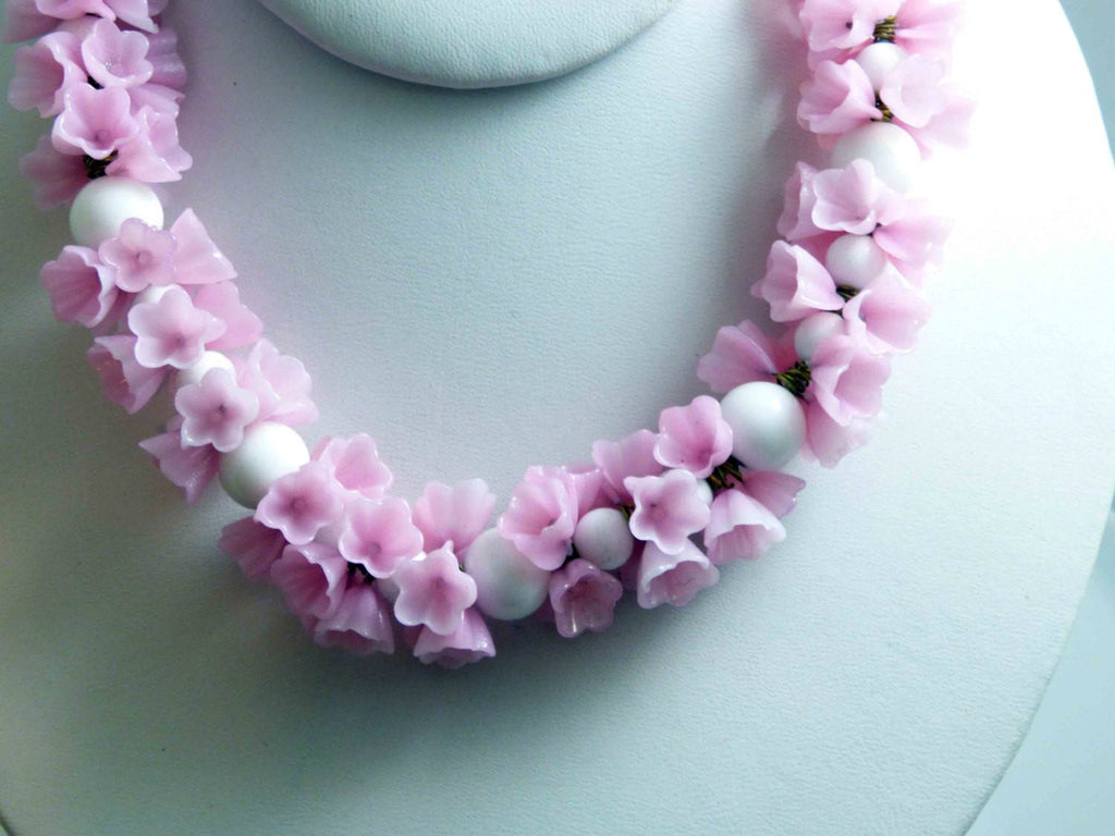 Miriam Haskell Pink and White Poured Glass Flower Bead Necklace - Vintage Lane Jewelry