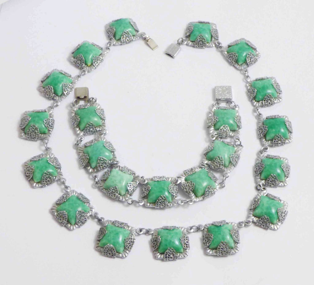 Vintage Art Deco Filigree Speckled Green Stone Choker Necklace and Bracelet Set