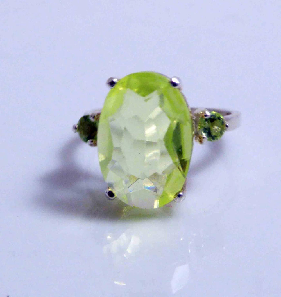 Vaseline Uranium Faceted Oval Cut Sterling Silver Ring with Peridot Accents, Size 5, Czech glass
