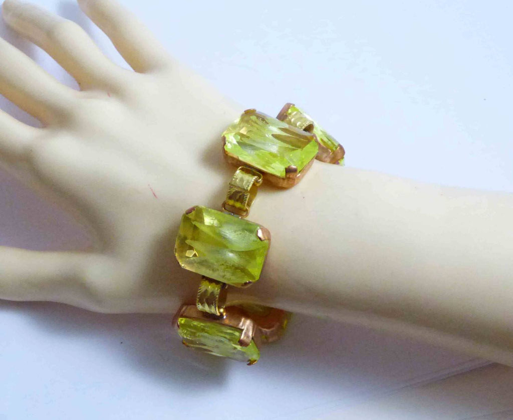 Czech Glass Vaseline Uranium Emerald Cut Glass Bracelet - Vintage Lane Jewelry