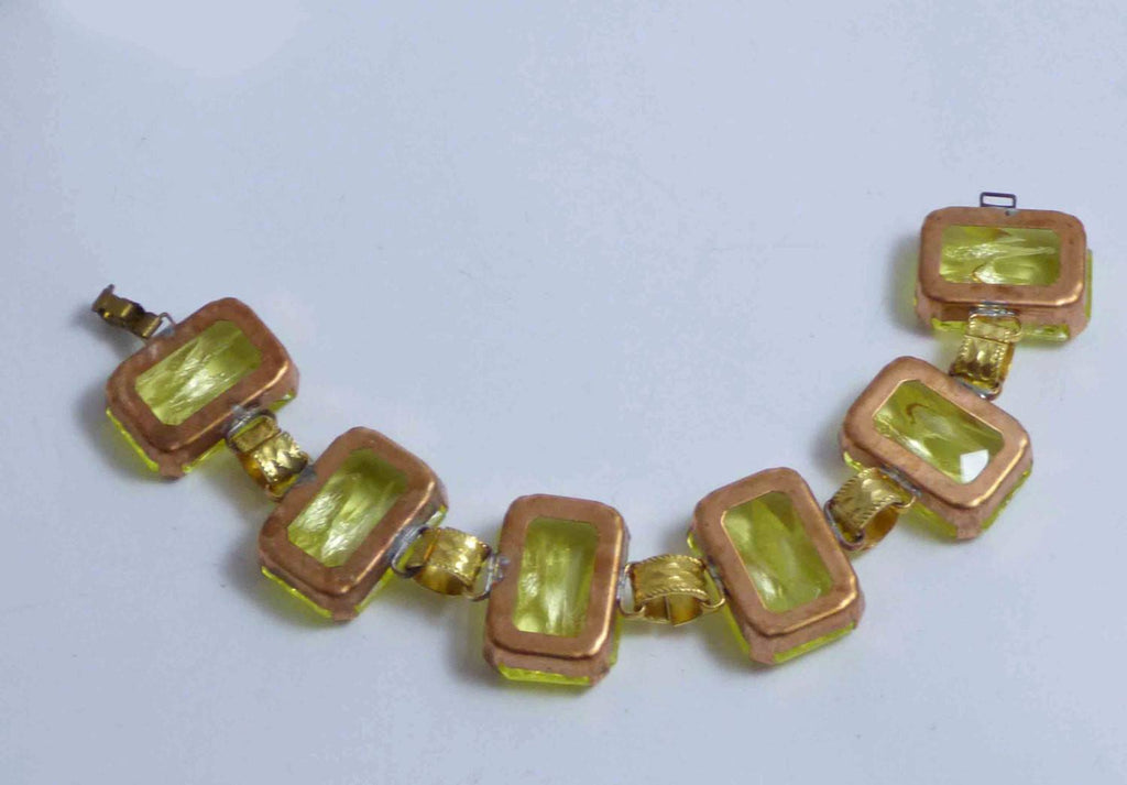 Czech Glass Vaseline Uranium Emerald Cut Glass Bracelet - Vintage Lane Jewelry