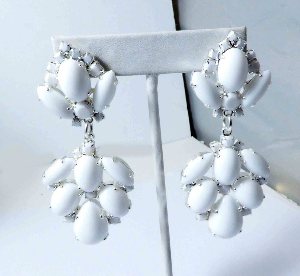 Czech Glass Opaque White Glass Stones Large Dangling Silver Plated Pierced Earrings - Vintage Lane Jewelry
