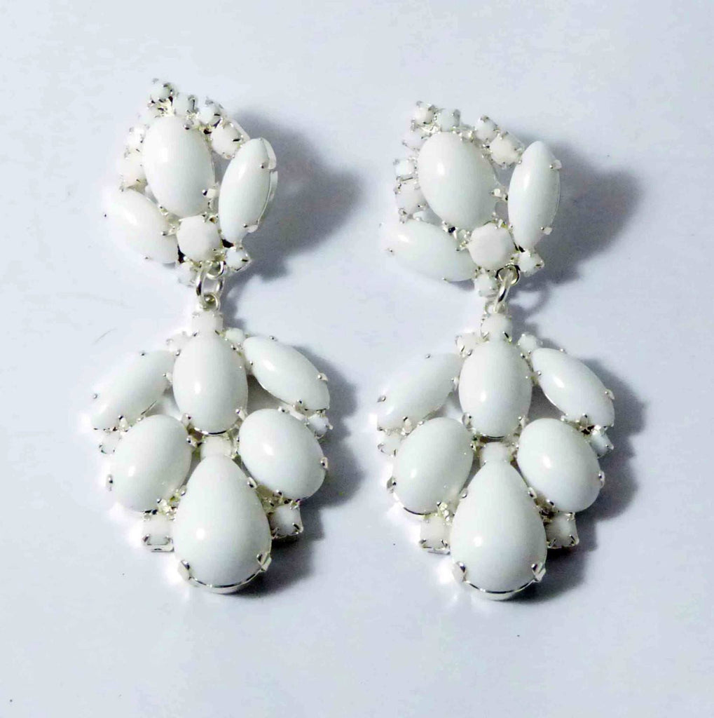 Czech Glass Opaque White Glass Stones Large Dangling Silver Plated Pierced Earrings