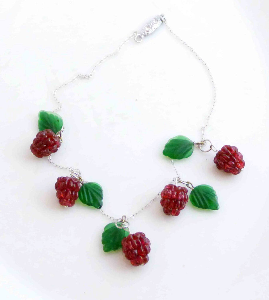 Berries, Sterling Silver Glass Leaves and Raspberries Necklace, Czechoslovakia