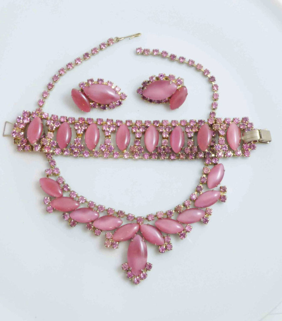 Pink Moonstone and Rhinestone Parure. Necklace, Bracelet and Clip Earrings