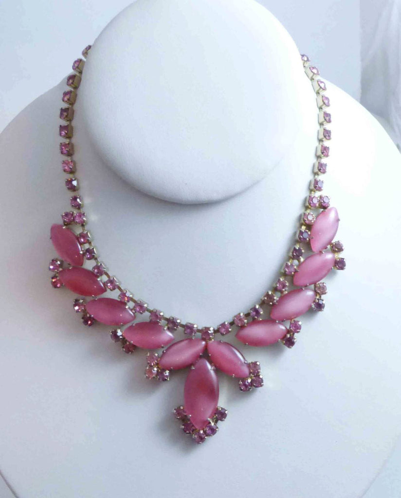 Pink Moonstone and Rhinestone Parure. Necklace, Bracelet and Clip Earrings - Vintage Lane Jewelry