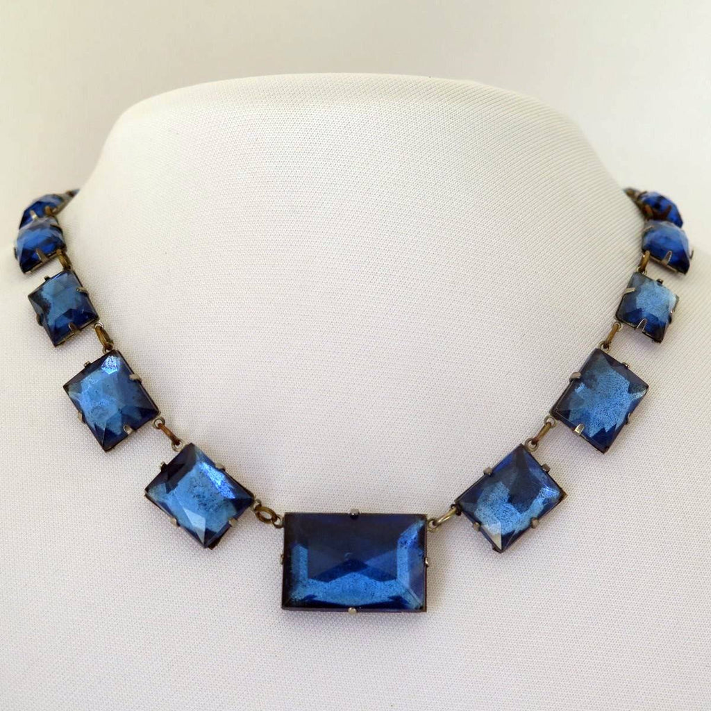 Vintage Art Deco Czech Vauxhall Sapphire Blue Glass Necklace