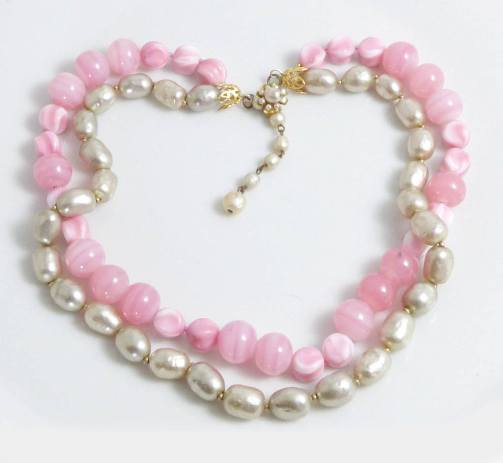 Miriam Haskell Pink Glass Beads and Baroque Glass Pearl 2 Strand Necklace