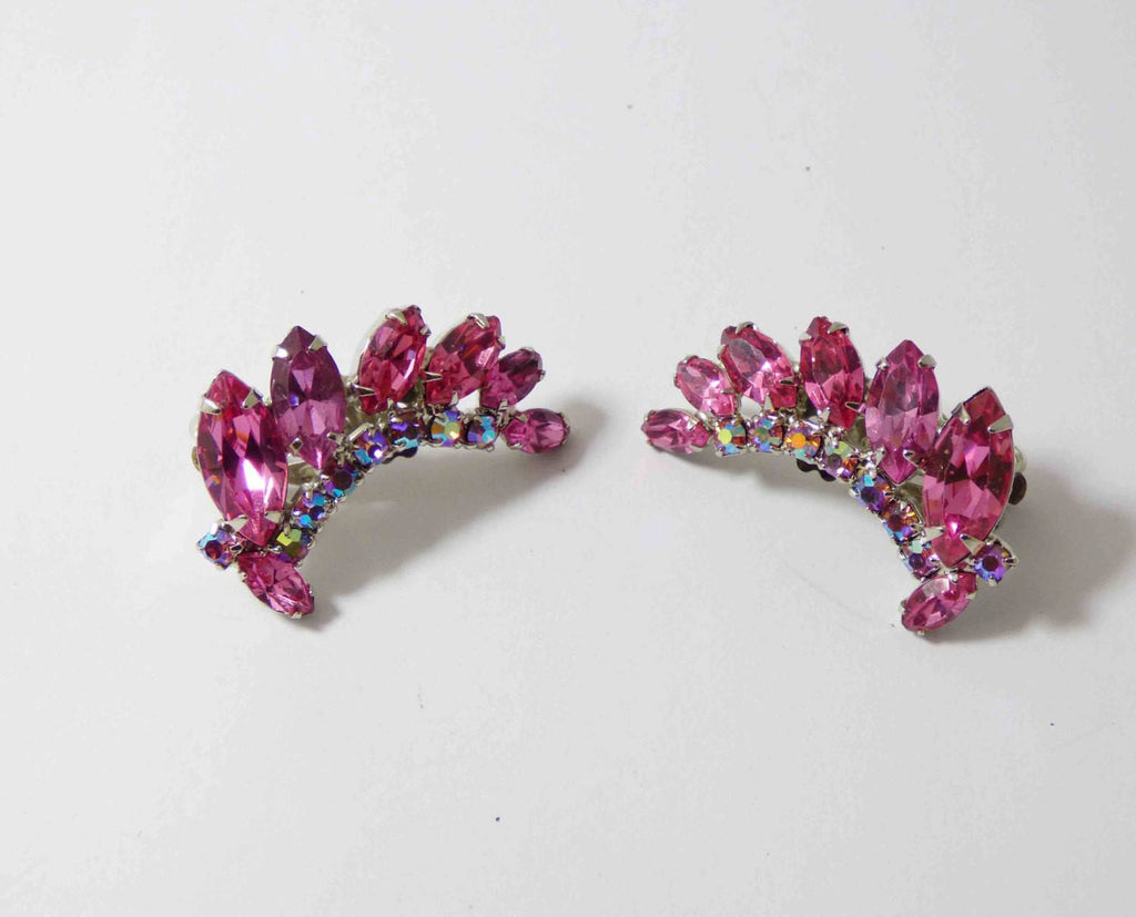 Weiss Hot Pink Navette Rhinestone Clip Earrings