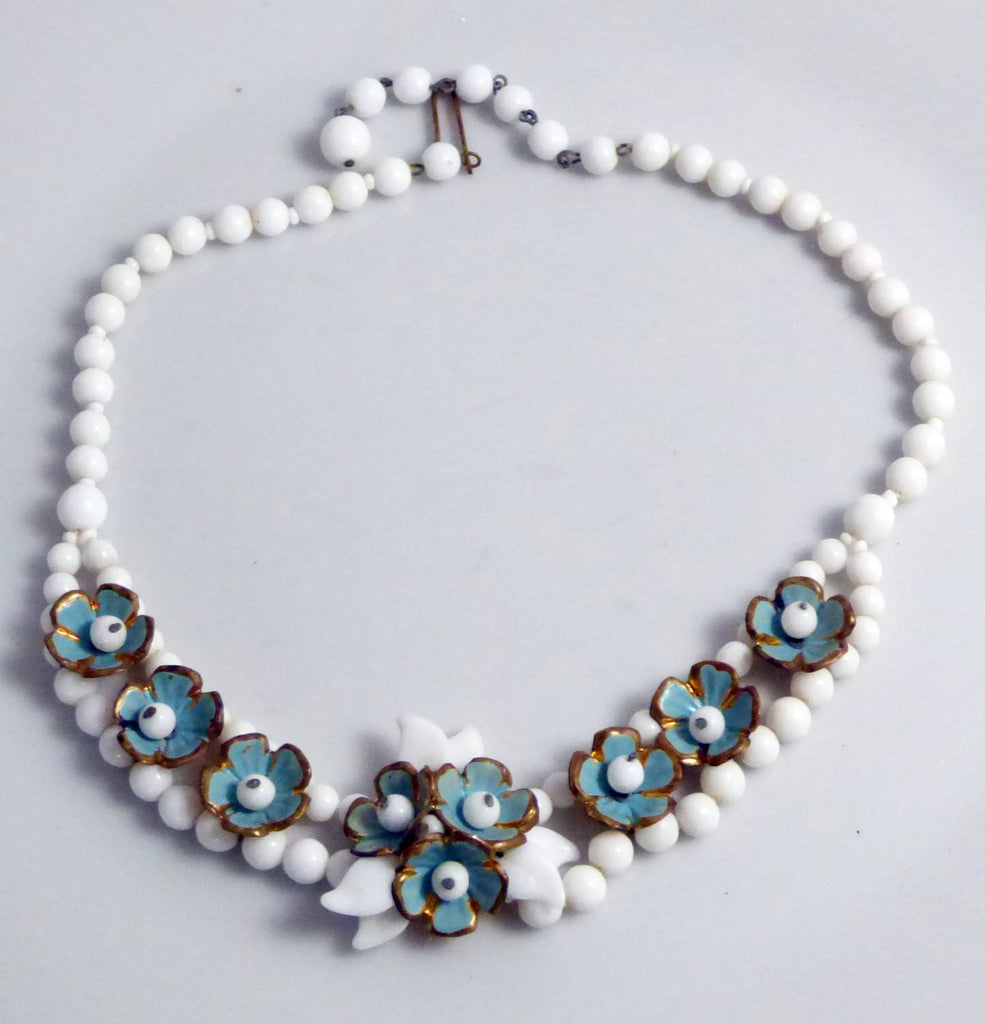 Vintage Germany White Milk Glass Beads with Blue Enamel Flowers Choker Necklace