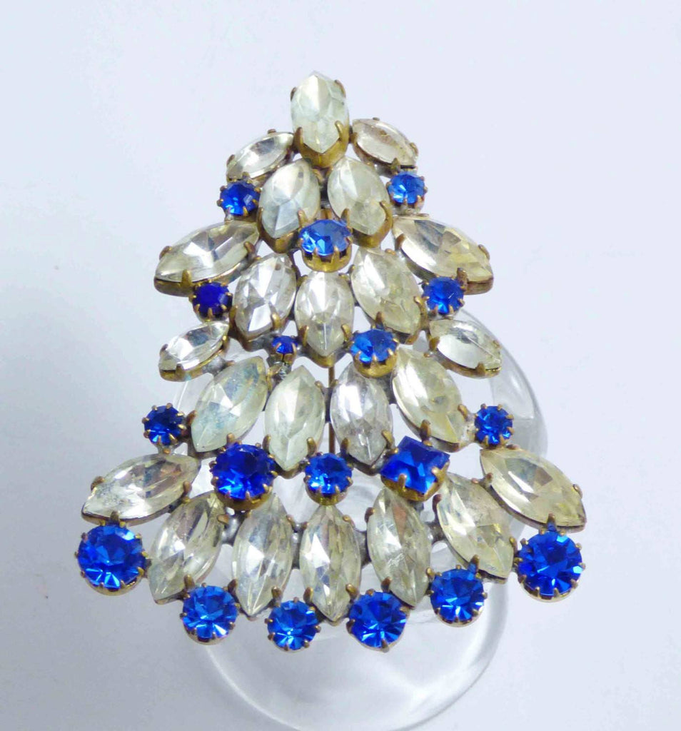 Czech Glass Blue Rhinestone Clear Navettes Husar D. Christmas Tree Pin, X-mas pin, Holiday Brooch