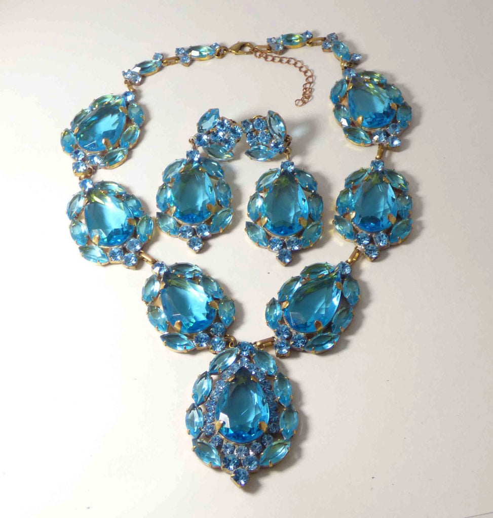 Huge Vivid Blue Czech Glass Statement Necklace and Clip earrings